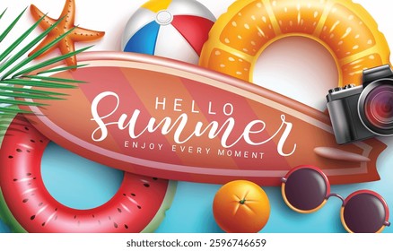 Summer vector concept design. Hello summer text in surfboard with tropical elements of floaters, fruit and camera for fun and enjoy holiday vacation. Vector illustration.
