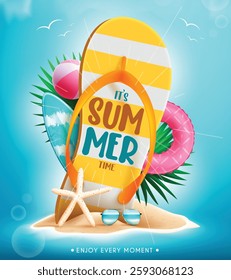 Summer vector concept design. It's summer time text in giant flip flop with beach background tropical season objects for holiday decoration. Vector illustration.
