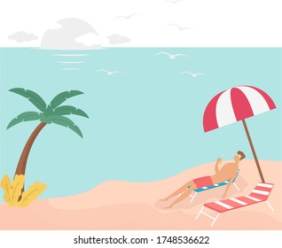 Summer vector concept: female figure drinking orange juice while lying on sun chair under the parasol at the beach