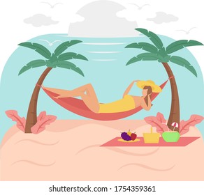 Summer vector concept: female figure wearing bikini while lying and relaxing on the hammock at the beach