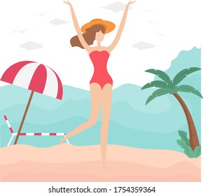Summer vector concept: female figure wearing red bikini while posing happily