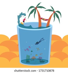 Summer vector concept with group of male figures surfing, diving, and relaxing in a huge glass at beach