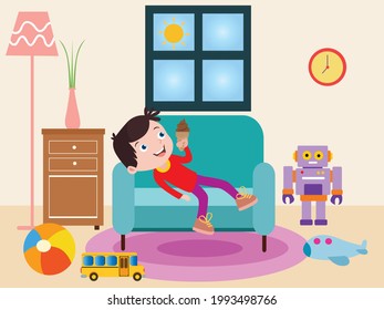 Summer vector concept. Happy little boy eating ice cream in the living room while lying on the sofa at summer time