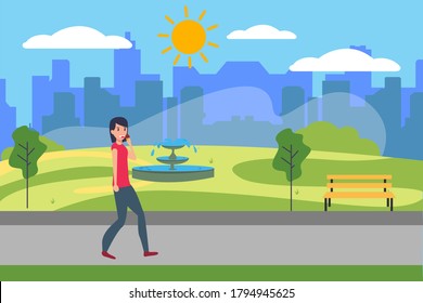 Summer vector concept: woman eating ice cream happily while walking at the city park