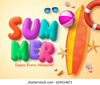 Summer vector design concept with colorful 3D text and summer elements in beach sand background. Vector illustration.
