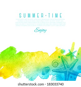 Summer vector design - hand drawn sea creatures on a watercolor background