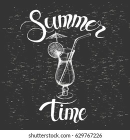 Summer vector design with hand drawn doodle cocktail and hand made inscription.
Hand written quote 'Summer time'