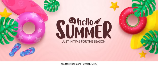 Diseño vectorial de verano. Hola texto de saludo de verano con flotador de playa y fondo de elementos de surf. Ilustración vectorial diseño de saludos de verano.
