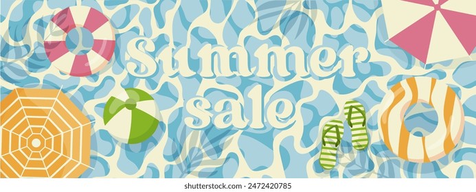 Summer vector design sale cartoon, trend colors. Discounted text in pool water with beach elements. 