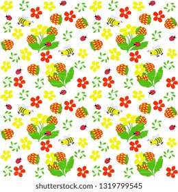 Summer vector design. Seamless, artistic, with a spring lawn, blooms motley, strawberries, bees, ladybirds on a white background, textured. Summer beautiful illustration.