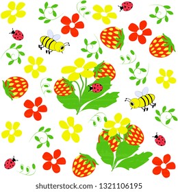 Summer vector design. Seamless, artistic, with a spring lawn, blooms motley, strawberries, bees, ladybirds on a white background, textured. Summer beautiful illustration.