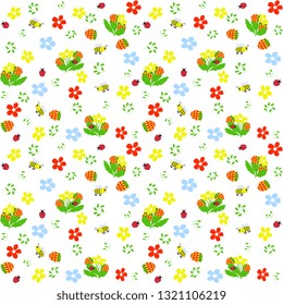 Summer vector design. Seamless, artistic, with a spring lawn, blooms motley, strawberries, bees, ladybirds on a white background, textured. Summer beautiful illustration.