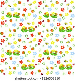 Summer vector design. Seamless, artistic, with a spring lawn, blooms motley, strawberries, bees, ladybirds on a white background, textured. Summer beautiful illustration.