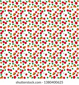 Summer vector design. Seamless pattern of red cherry, strawberry, leaves scattered on a white background, artistic. Illustration of fresh, healthy ingredients from the garden.