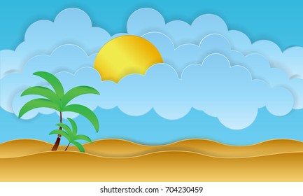 summer vector design with sun, palm tree, beach and sea - vector illustration