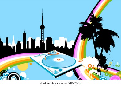 summer; vector design, urban landscape with rainbow