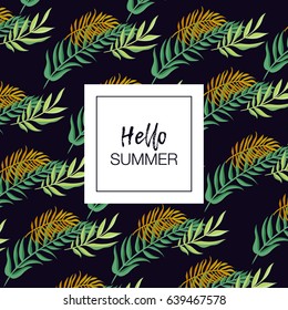 Summer vector design for wallpaper, greeting card or flyer with flower and palm leaves isolated on dark background using paper cut style design.