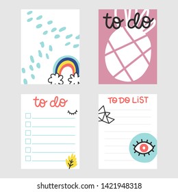 Summer vector to do lists collection. Colorful  doodle notes with phrases and different elements.