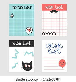 Summer vector to do lists collection. Colorful  doodle notes with phrases and different elements.