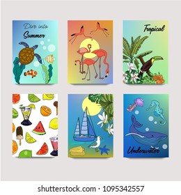 Summer vector drawn posters with tropical life, underwater, sea, ocean life and fruits in sketch style.