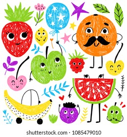 Summer vector elements collection. Colorful isolated hand drawn different fruits. Design for T-shirt, textile and prints.