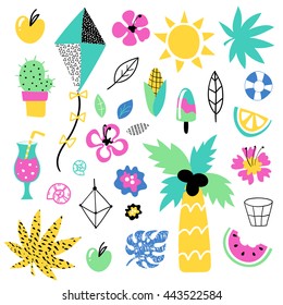 Summer vector elements collection. Colorful  hand drawn different items.