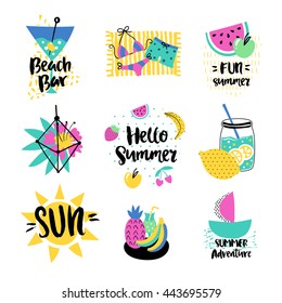 Summer vector elements collection. Colorful  different items. Hand drawn lettering.