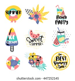 Summer vector elements collection. Colorful hand drawn different items and lettering.