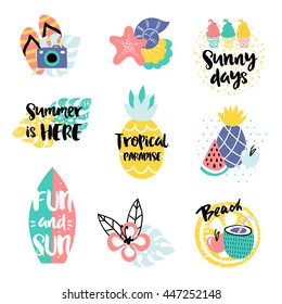 Summer vector elements collection. Colorful hand drawn different items and lettering.