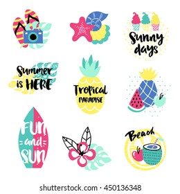 Summer vector elements collection. Colorful hand drawn different items and lettering.