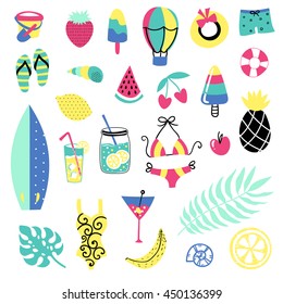 Summer vector elements collection. Colorful  hand drawn different items.