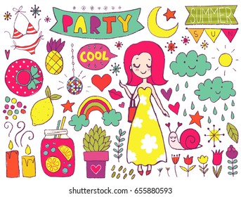 Summer vector elements collection. Colorful hand drawn different items and lettering. Design for T-shirt, textile and prints.