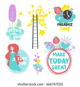 Summer vector elements collection. Colorful isolated hand drawn different items and lettering.