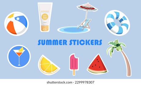 Summer vector elements for sticker. Bright summertime poster. Collection icon for summer holiday. Stickers.