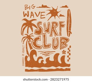 Summer Vector Elements, Typography Slogan Surf Club in Handwriting. Palm tree, Surfboard, sun, big waves, together make artwork. vintage tee shirt print design. beach vector design.