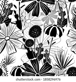 Summer vector endless illustration. Floral background. Wildflowers, leaves, stems on a white background.