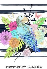 Summer Vector Fantasy background with Hand Drawn parrot , vector background with colorful flower and blots.

