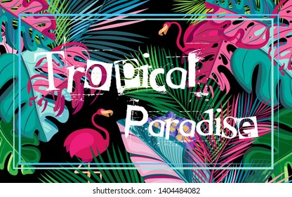 Summer vector flamingo colored tropical leaves and flowers on a black background. Two thin frames in light blue shades