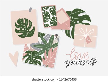 Summer vector flat lay illustration. Composition from Abstract print, monstera, cards, envelopes, tropical leaves.