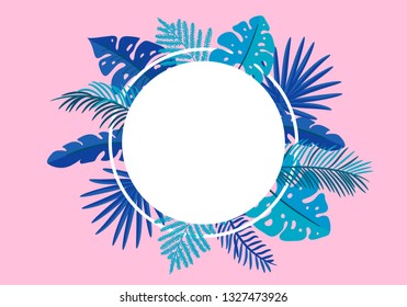 Summer Vector floral frame tropical leaves palm with place for text. color design elements for print, greeting card. isolated illustration on pink background
