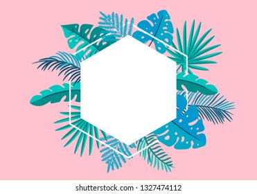 Summer Vector floral frame tropical leaves palm with place for text. color design elements for print, greeting card. isolated illustration on pink background