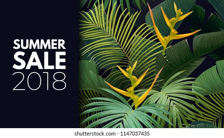 Summer vector floral sale banner. Tropical template design with banana and sabal palm leaves and yellow bird of paradise flowers.