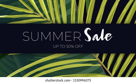 Summer vector floral sale banner. Dark tropical template design with banana and sabal palm leaves.