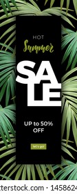 Summer vector floral sale banner. Tropical template design with banana and sabal palm leaves and yellow bird of paradise flowers.