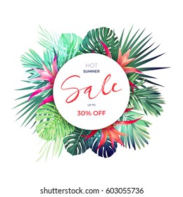 Summer vector floral sale banner. Tropical template design with palm leaves and red guzmania flowers.