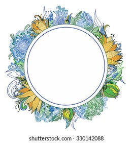 Summer Vector Floral Wreath | Circle frame with peony, lotus and lily flowers in green, yellow and blue colors on white background