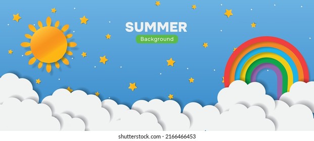 Summer vector with fluffy clouds and stars on blue sky background with summery sun, and rainbow. Vector illustration. Paper cut style web header. Place for text