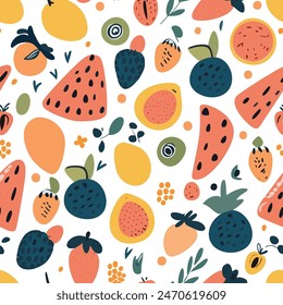 Summer vector fruit pattern, Fashion  funny wallpapers. Seamless pattern with fruits. Bright summer illustration. 
