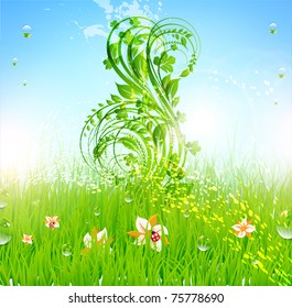 Papel de fondo de pasto vectorial de verano con flores, ladybird, gotas y luz solar para el diseño. 10.