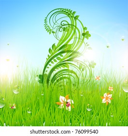 Summer vector grass wallpaper with flowers, ladybird, drops and sun shine. eps 10.